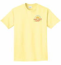 Load image into Gallery viewer, Yellow t-shirt with print at the bust reading &#39;It&#39;s a Beautiful Day for Front Porch Sundays&#39;