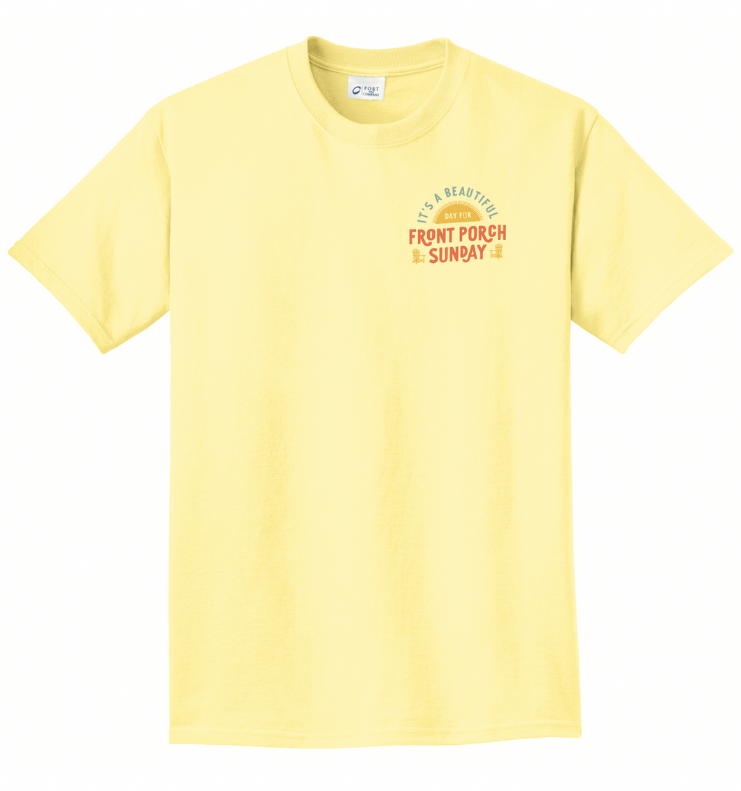 Yellow t-shirt with print at the bust reading 'It's a Beautiful Day for Front Porch Sundays'